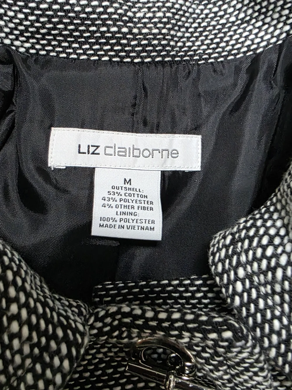 Liz Claiborne Black/White Collar 3/4 Sleeve Cotton Blend Toggle Jacket (Sz:med)